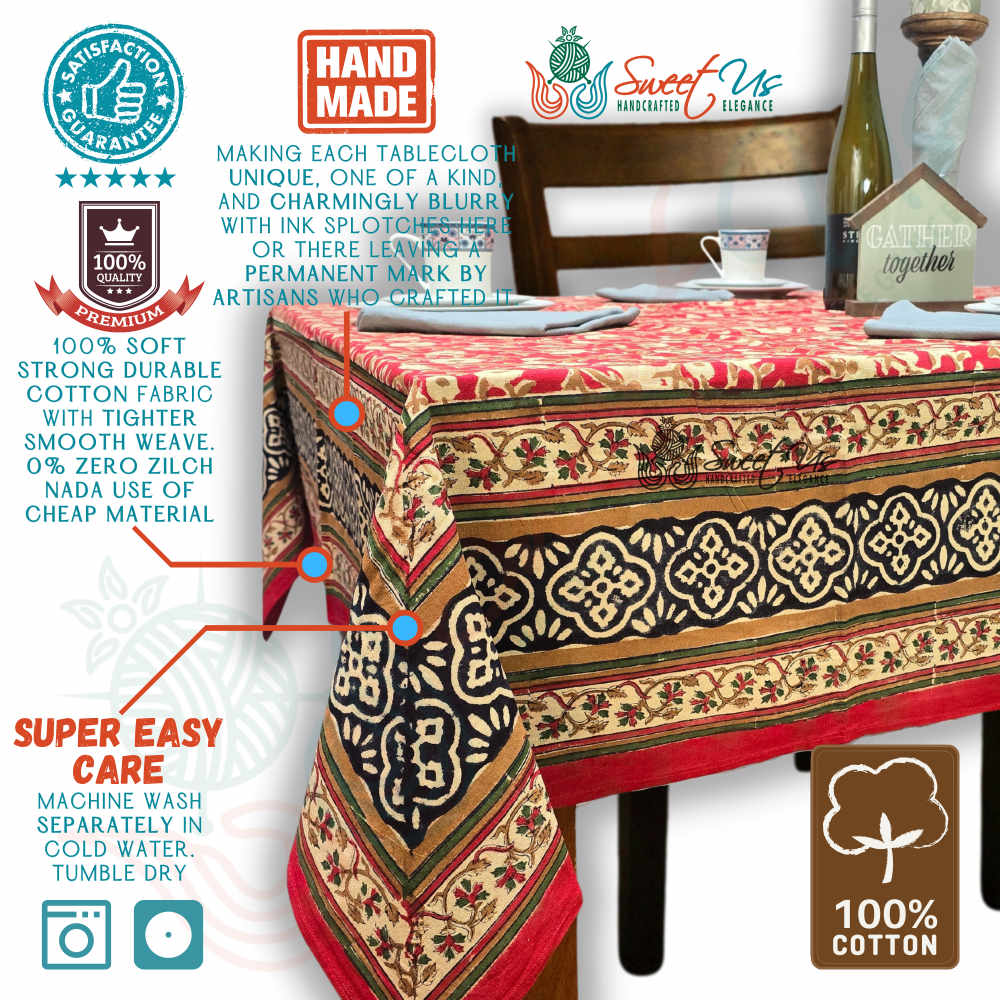 Sweet Us Amara Floral Cotton Block Print Tablecloth Rectangle, Terracotta Ruby