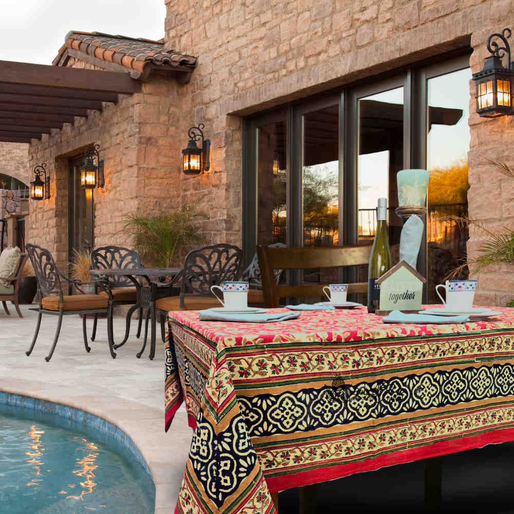 Sweet Us Amara Floral Cotton Block Print Tablecloth Rectangle, Terracotta Ruby