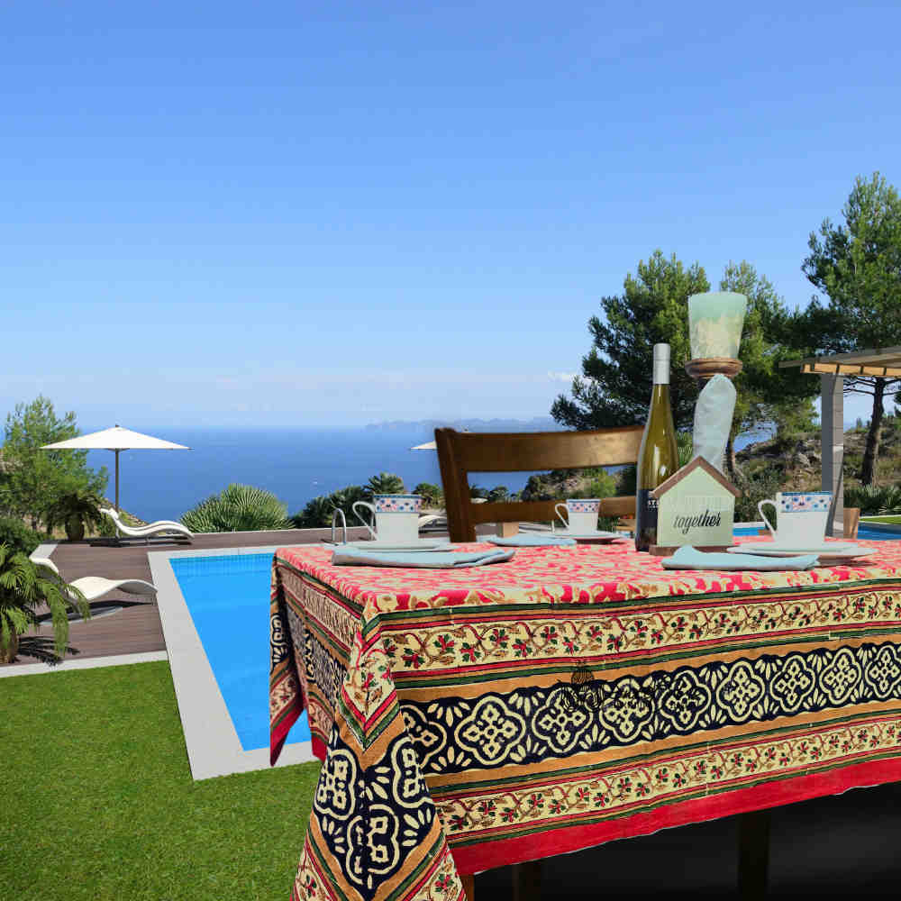 Sweet Us Amara Floral Cotton Block Print Tablecloth Rectangle, Terracotta Ruby