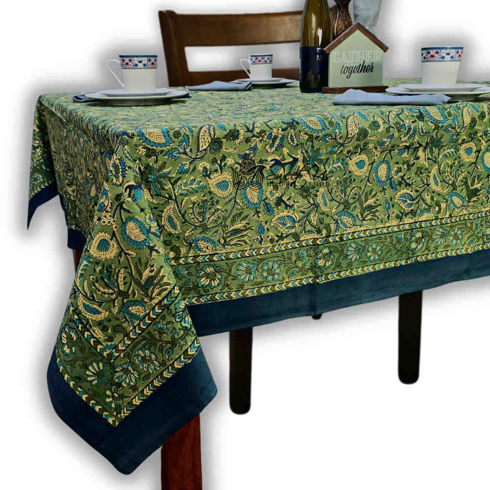 Sweet Us Amara Floral Cotton Block Print Tablecloth Rectangle, Fern Bliss