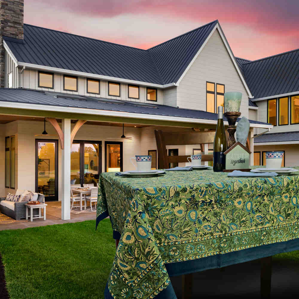 Sweet Us Amara Floral Cotton Block Print Tablecloth Rectangle, Fern Bliss