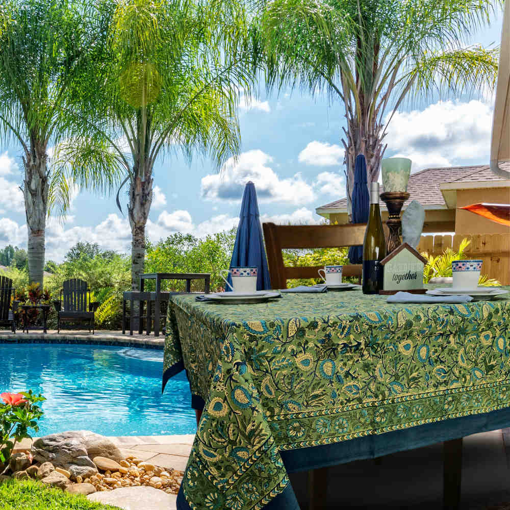 Sweet Us Amara Floral Cotton Block Print Tablecloth Rectangle, Fern Bliss