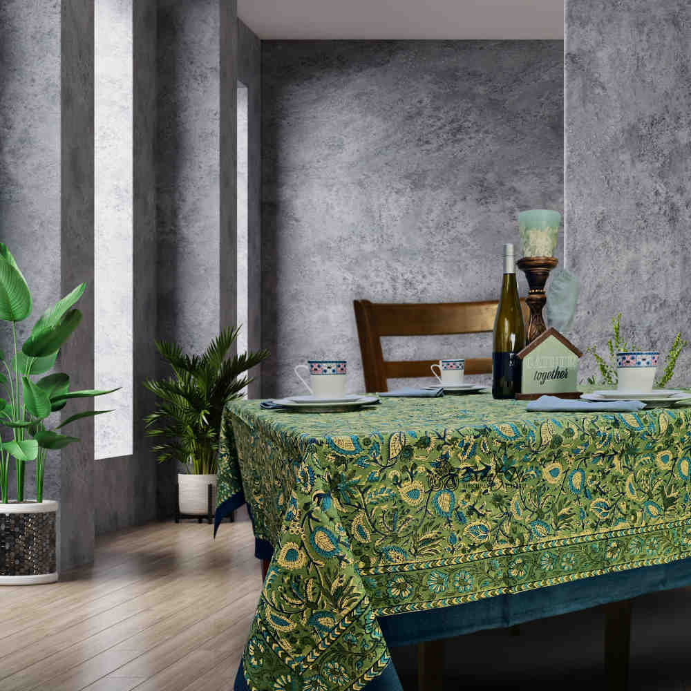 Sweet Us Amara Floral Cotton Block Print Tablecloth Rectangle, Fern Bliss