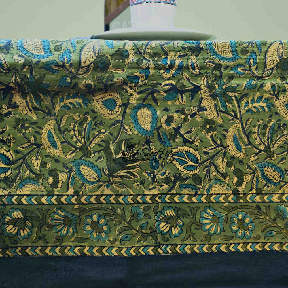 Sweet Us Amara Floral Cotton Block Print Tablecloth Rectangle, Fern Bliss