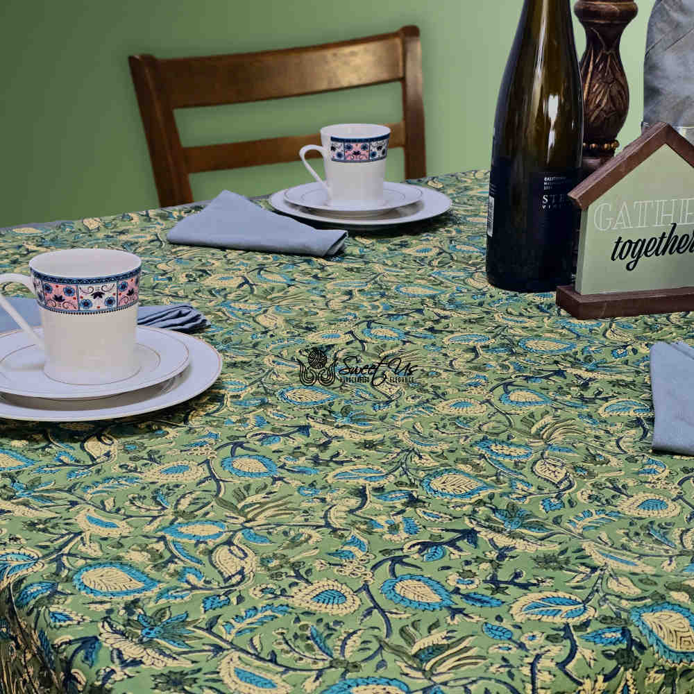Sweet Us Amara Floral Cotton Block Print Tablecloth Rectangle, Fern Bliss