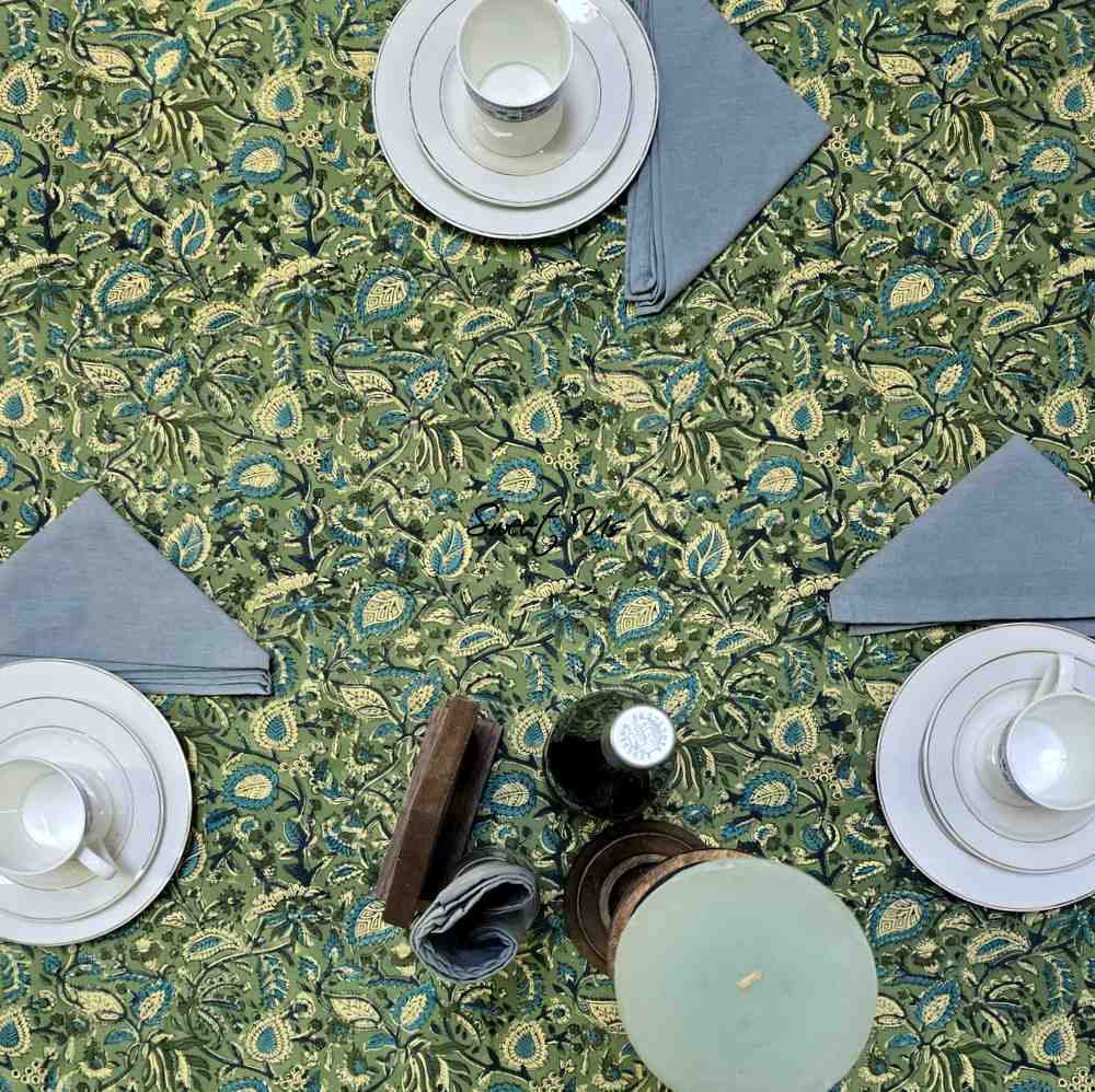 Sweet Us Amara Floral Cotton Block Print Tablecloth Rectangle, Fern Bliss