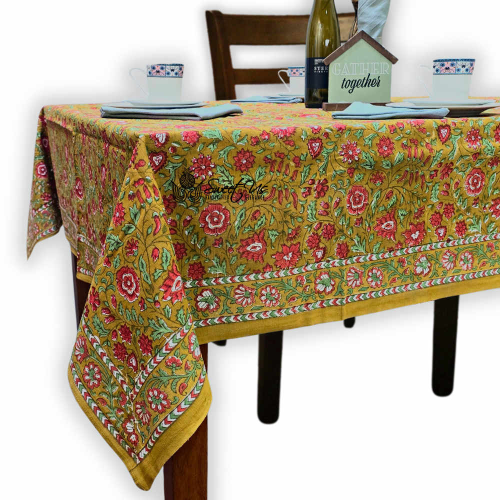 Sweet Us Amara Floral Cotton Block Print Tablecloth Rectangle, Terracotta Blush