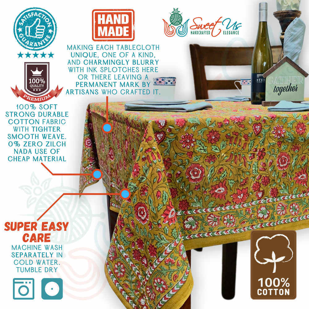 Sweet Us Amara Floral Cotton Block Print Tablecloth Rectangle, Terracotta Blush