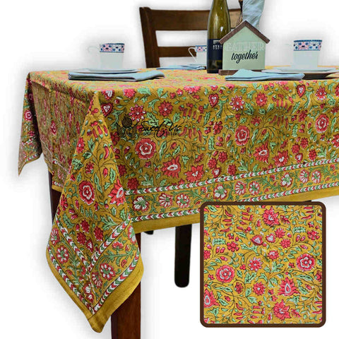 Sweet Us Amara Floral Cotton Block Print Tablecloth Rectangle, Terracotta Blush