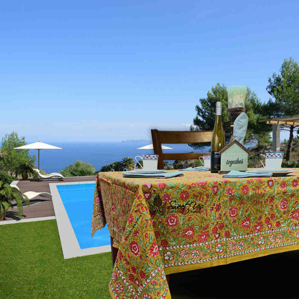 Sweet Us Amara Floral Cotton Block Print Tablecloth Rectangle, Terracotta Blush