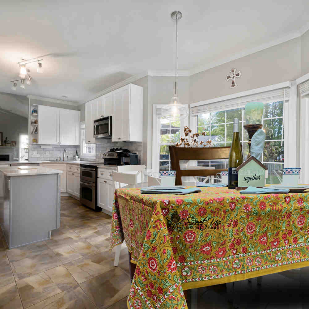 Sweet Us Amara Floral Cotton Block Print Tablecloth Rectangle, Terracotta Blush