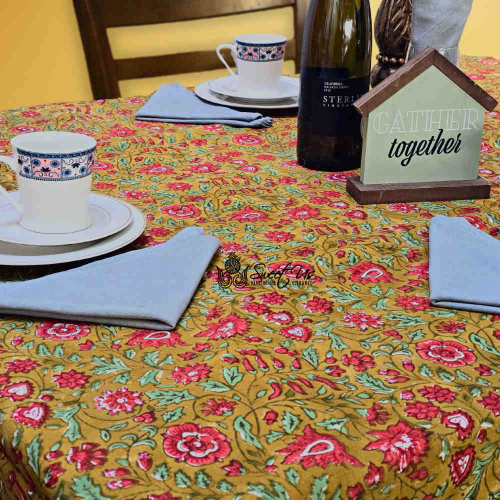 Sweet Us Amara Floral Cotton Block Print Tablecloth Rectangle, Terracotta Blush