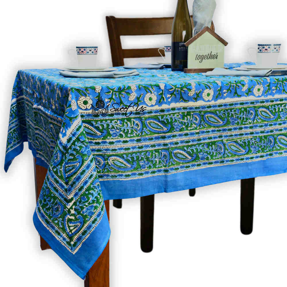 Royal Paisley Floral Cotton Block Print Tablecloth Rectangle, Ocean Blue