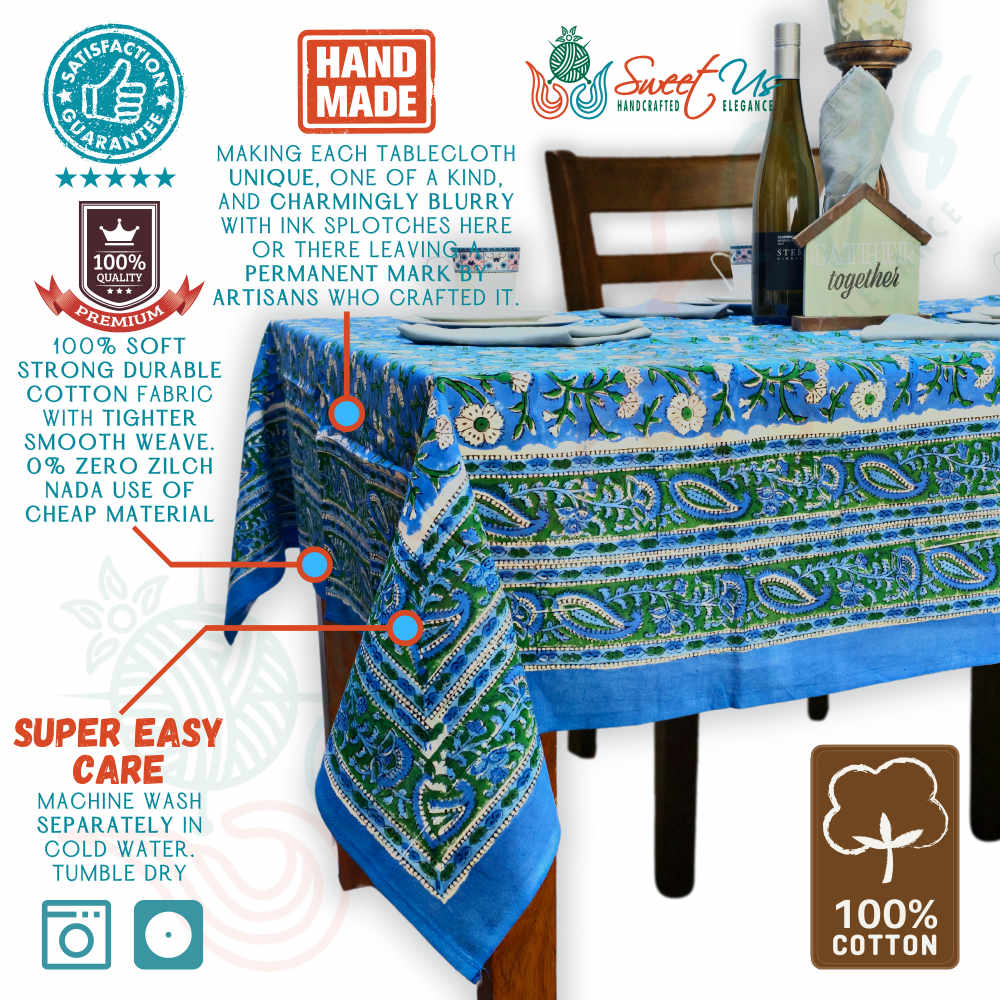 Royal Paisley Floral Cotton Block Print Tablecloth Rectangle, Ocean Blue
