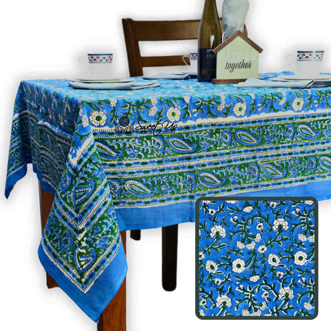 Royal Paisley Floral Cotton Block Print Tablecloth Rectangle, Ocean Blue