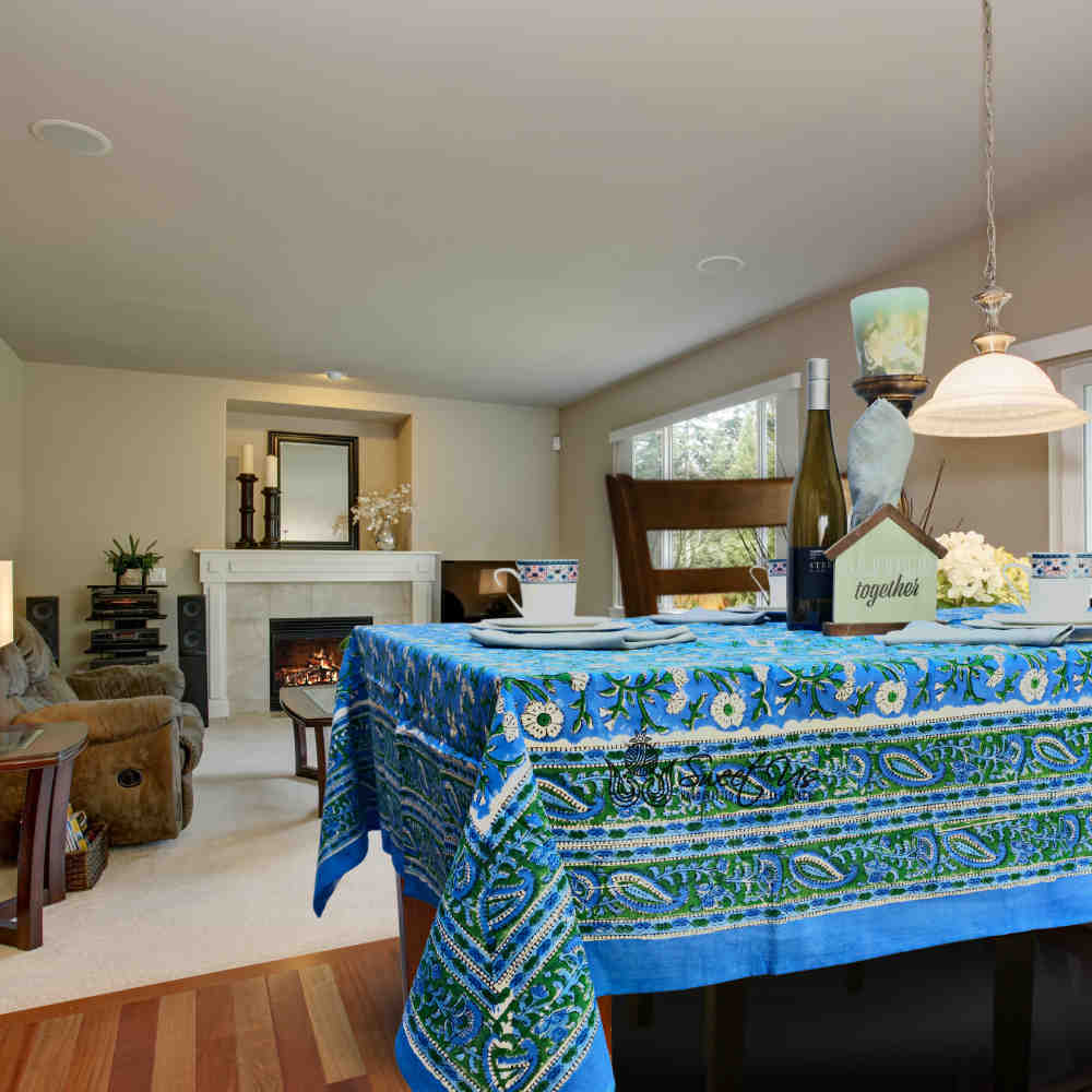 Royal Paisley Floral Cotton Block Print Tablecloth Rectangle, Ocean Blue
