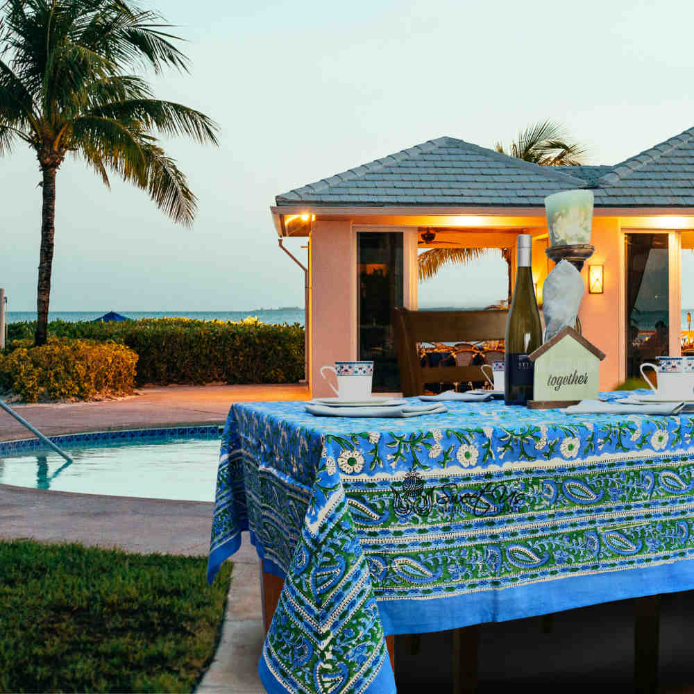 Royal Paisley Floral Cotton Block Print Tablecloth Rectangle, Ocean Blue