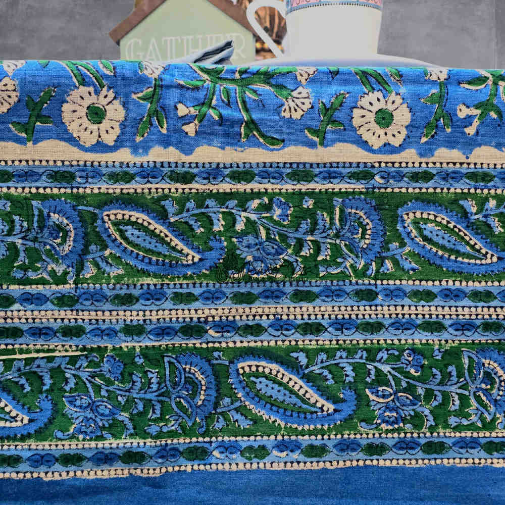 Royal Paisley Floral Cotton Block Print Tablecloth Rectangle, Ocean Blue