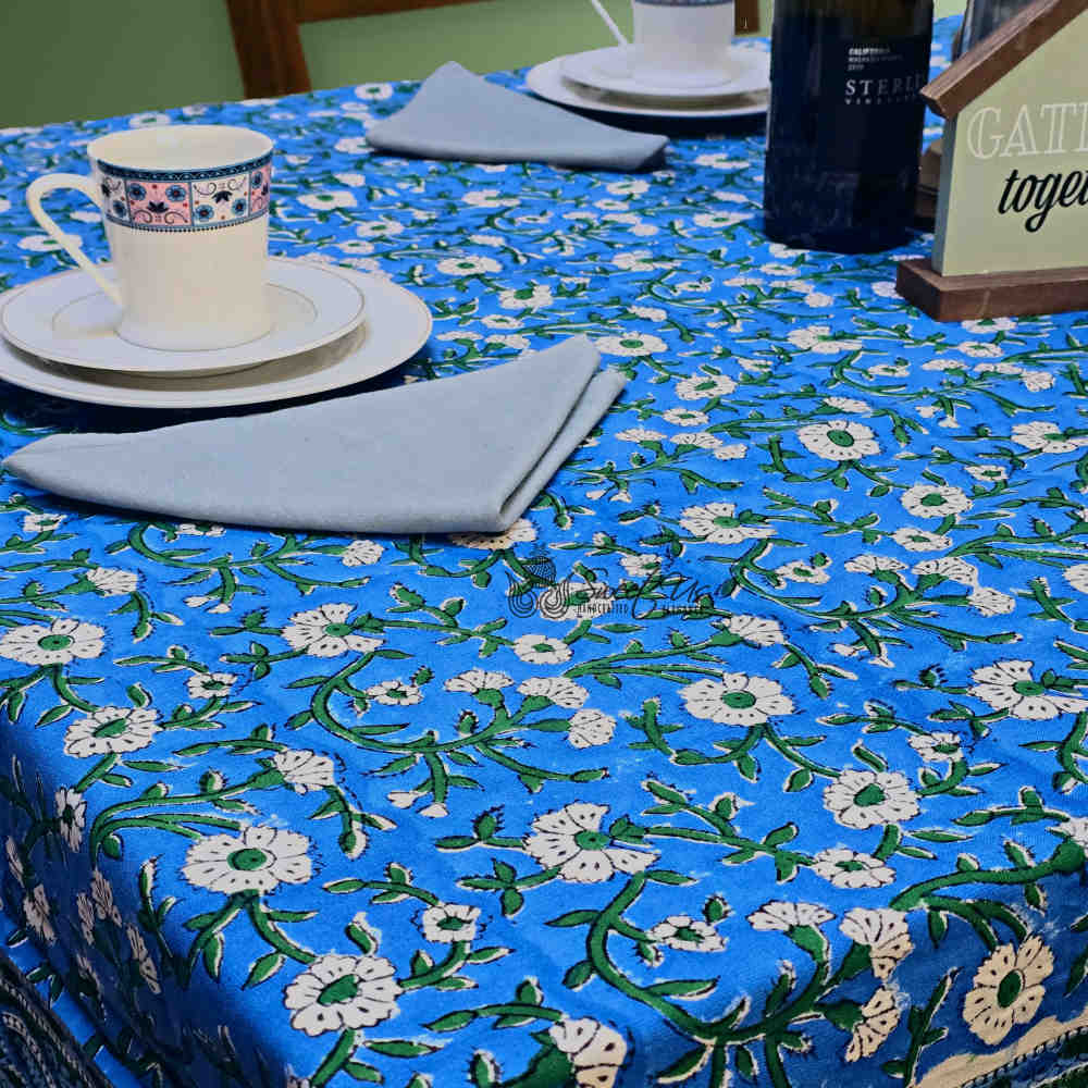 Royal Paisley Floral Cotton Block Print Tablecloth Rectangle, Ocean Blue