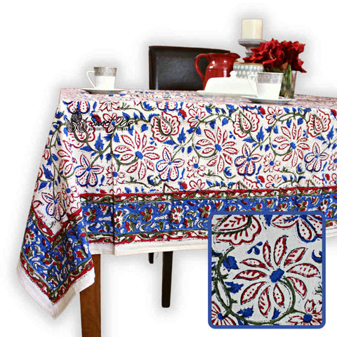 Venetia Block Print Floral Tablecloth Square Ink Blue, Red, Green, Beige