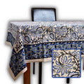 Venetia Block Print Floral Tablecloth Square Nile Blue, Black, Gray, Beige - Sweet Us