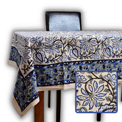 Venetia Block Print Floral Tablecloth Square Nile Blue, Black, Gray, Beige