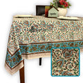 Ashlyn Block Print Floral Tablecloth Square Sky Blue, Gold, Green, Beige - Sweet Us