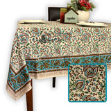 Ashlyn Block Print Floral Tablecloth Square Sky Blue, Gold, Green, Beige