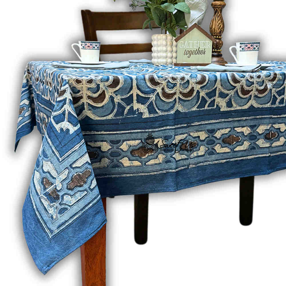 Rose Promenade Floral Cotton Block Print Tablecloth Rectangle, Cocoa Sky