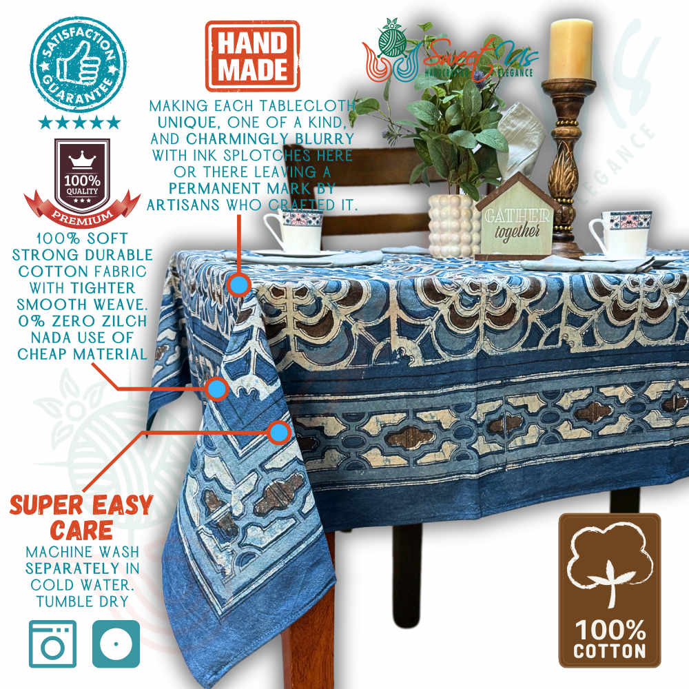 Rose Promenade Floral Cotton Block Print Tablecloth Rectangle, Cocoa Sky