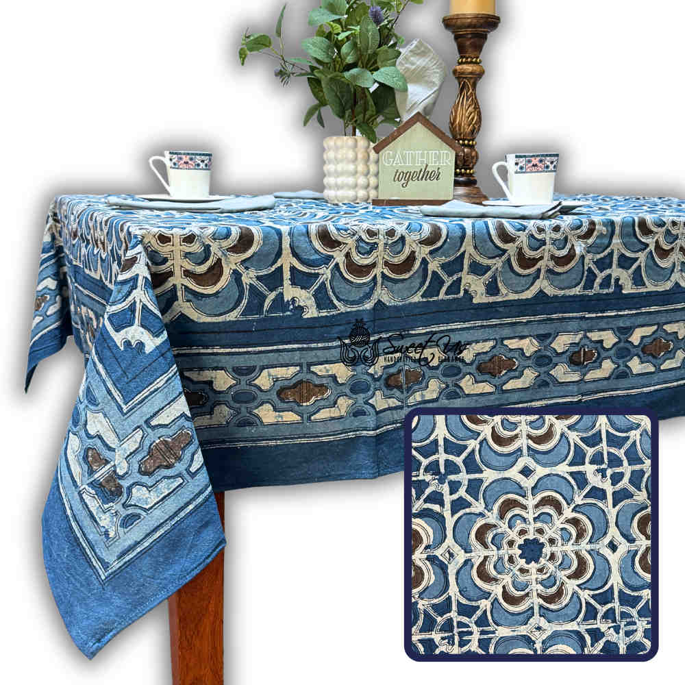 Rose Promenade Floral Cotton Block Print Tablecloth Rectangle, Cocoa Sky