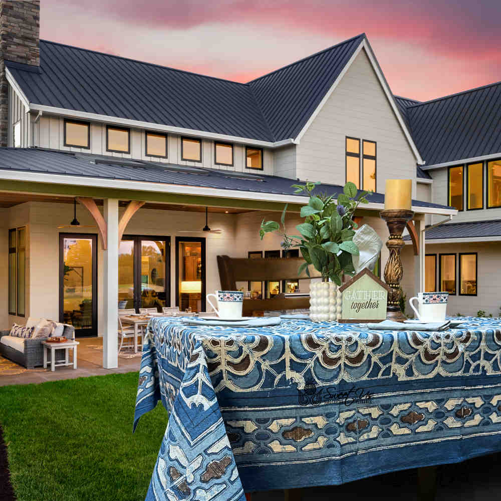 Rose Promenade Floral Cotton Block Print Tablecloth Rectangle, Cocoa Sky