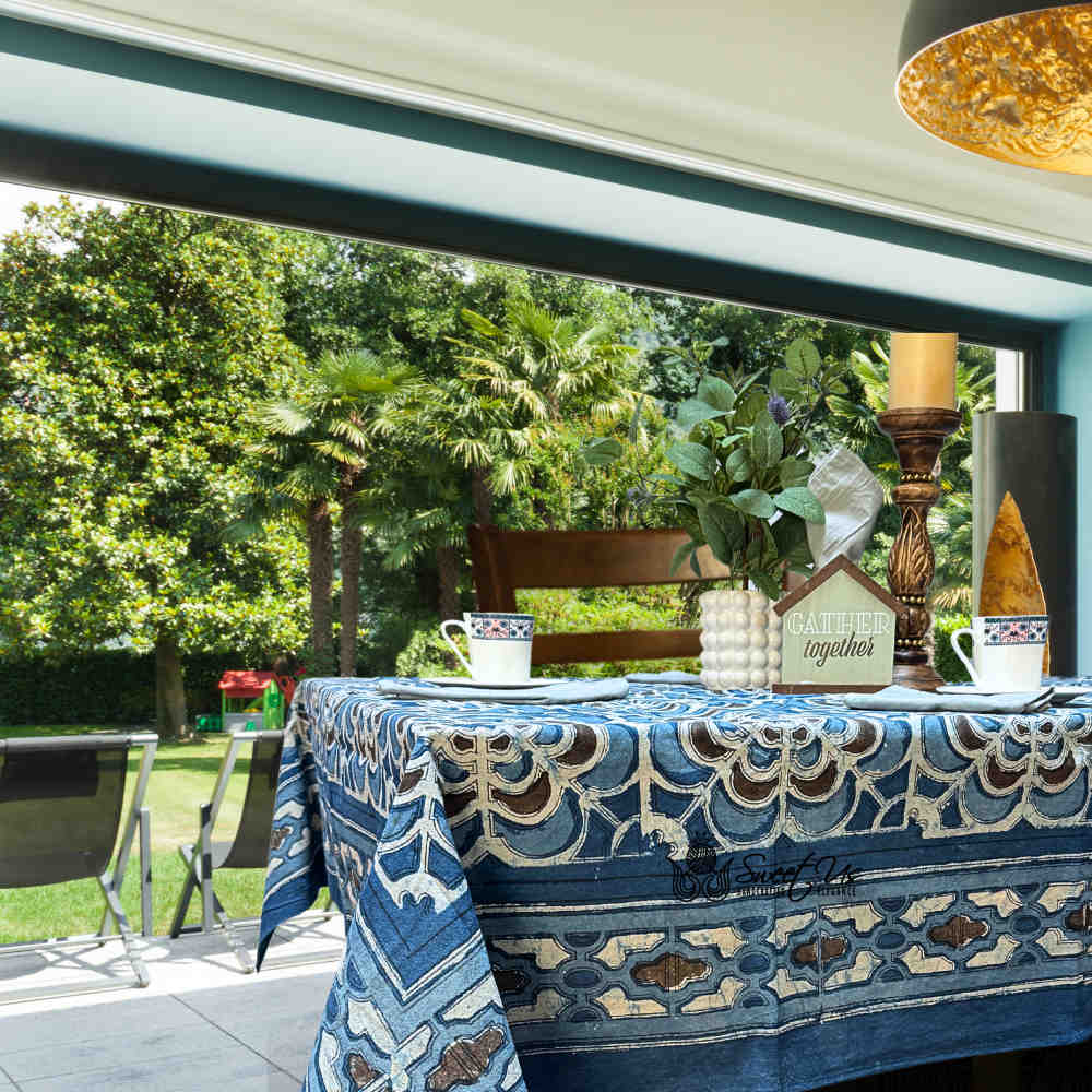 Rose Promenade Floral Cotton Block Print Tablecloth Rectangle, Cocoa Sky