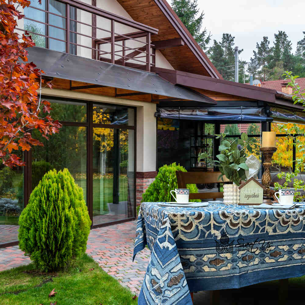 Rose Promenade Floral Cotton Block Print Tablecloth Rectangle, Cocoa Sky