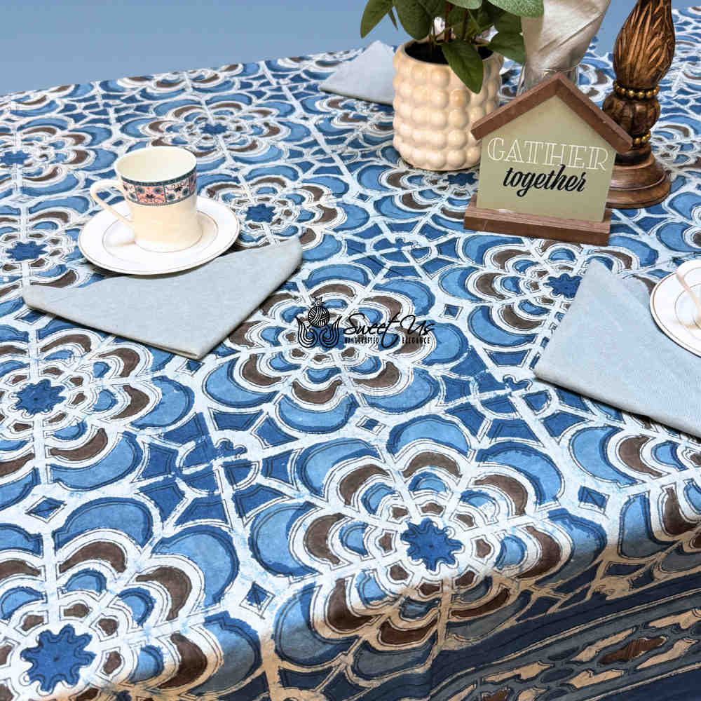 Rose Promenade Floral Cotton Block Print Tablecloth Rectangle, Cocoa Sky