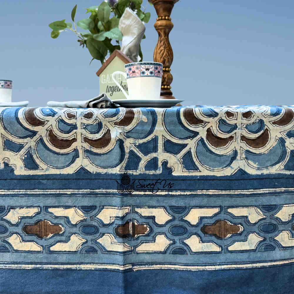 Rose Promenade Floral Cotton Block Print Tablecloth Rectangle, Cocoa Sky