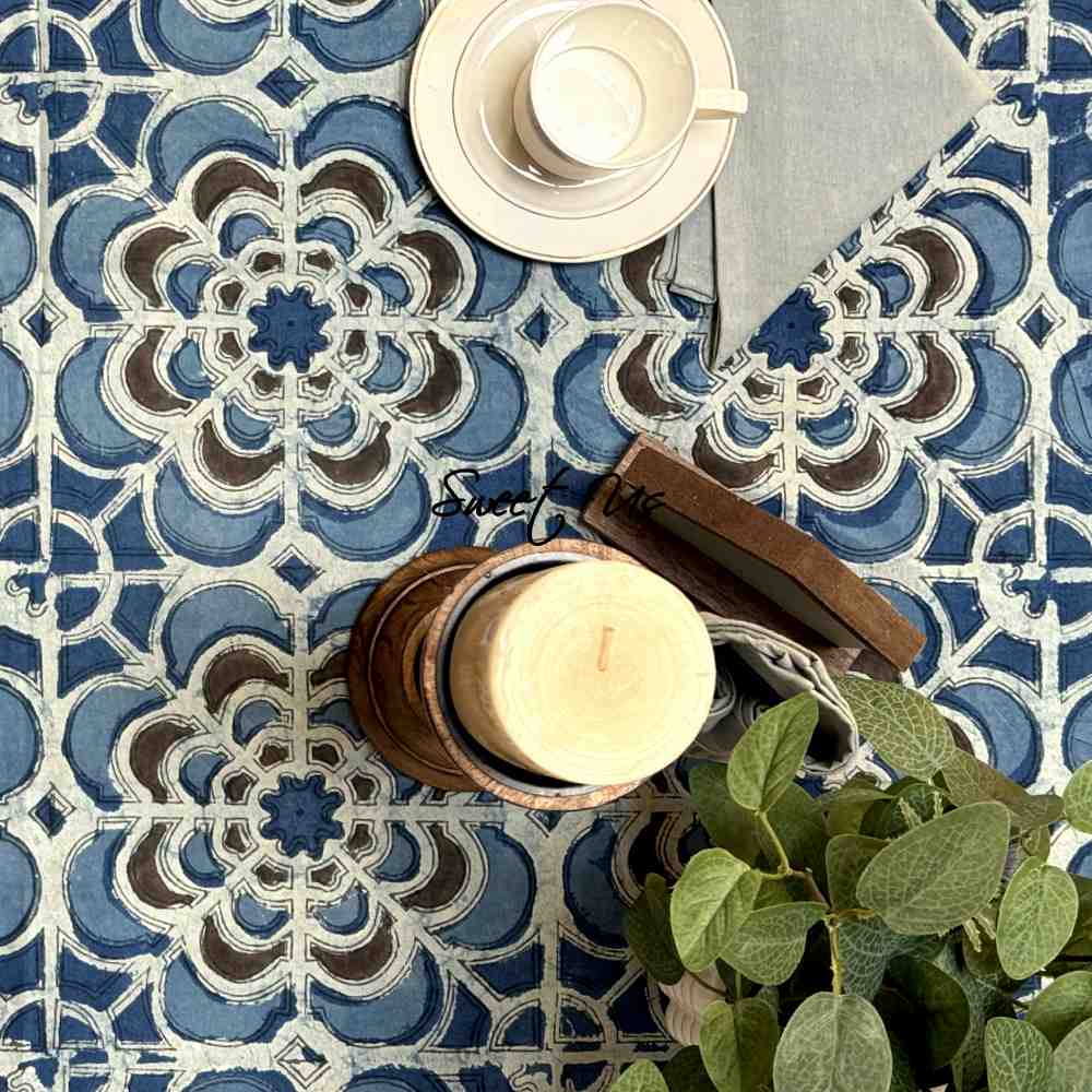 Rose Promenade Floral Cotton Block Print Tablecloth Rectangle, Cocoa Sky