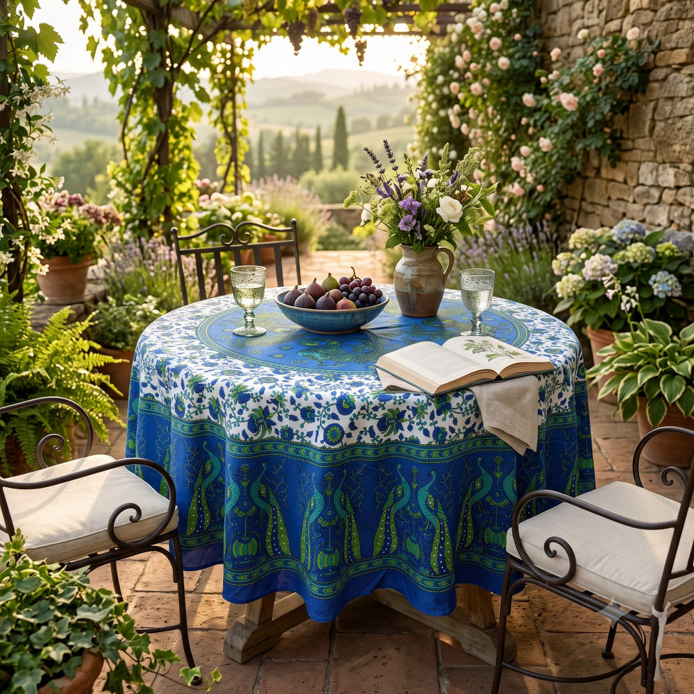 Mayura Peacock Floral Round Tablecloth —  Cobalt - Sweet Us