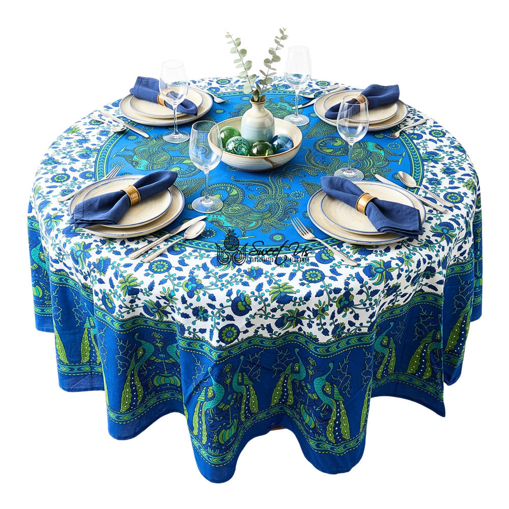 Mayura Peacock Floral Round Tablecloth —  Cobalt - Sweet Us