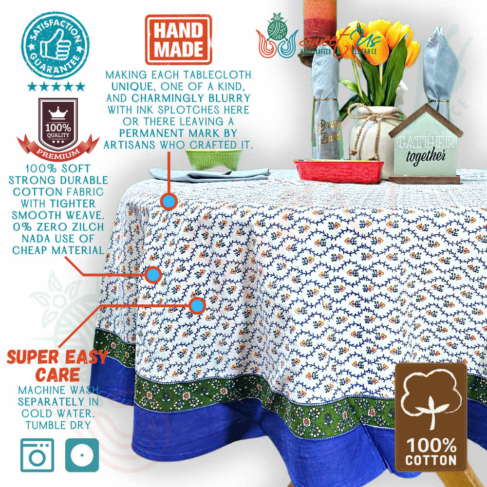 Floral Vine Tablecloth Square, Round, Collection White Blue Green Gold Red