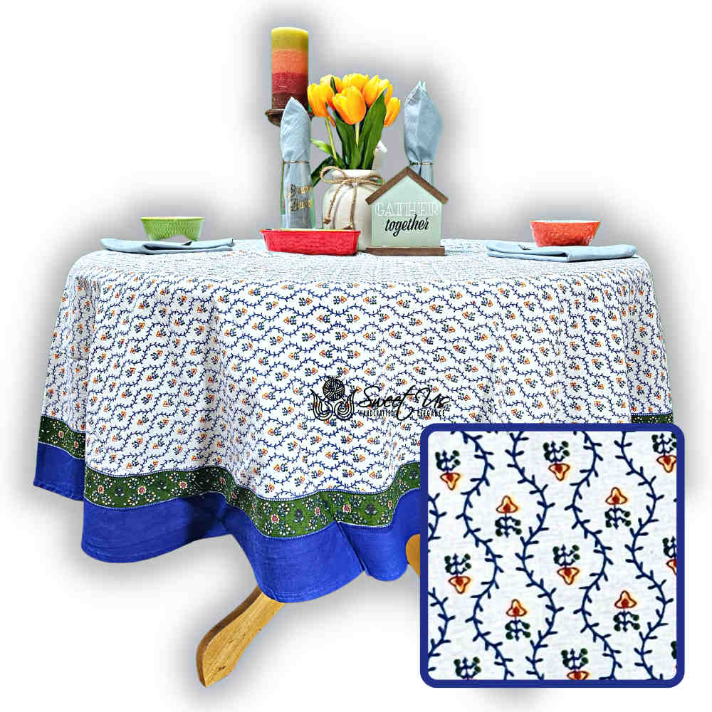 Floral Vine Tablecloth Square, Round, Collection White Blue Green Gold Red