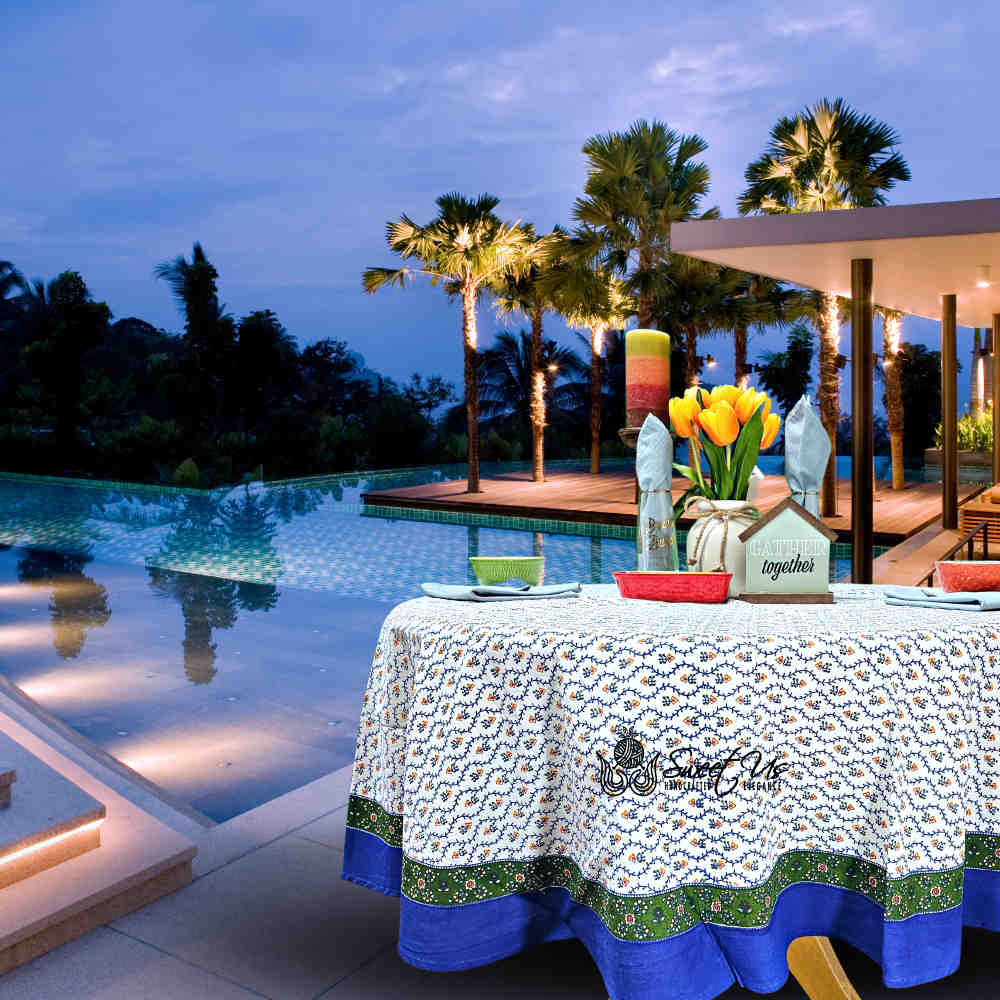 Floral Vine Tablecloth Square, Round, Collection White Blue Green Gold Red