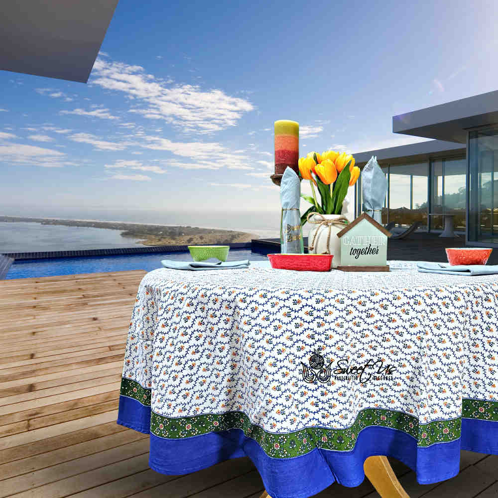 Floral Vine Tablecloth Square, Round, Collection White Blue Green Gold Red