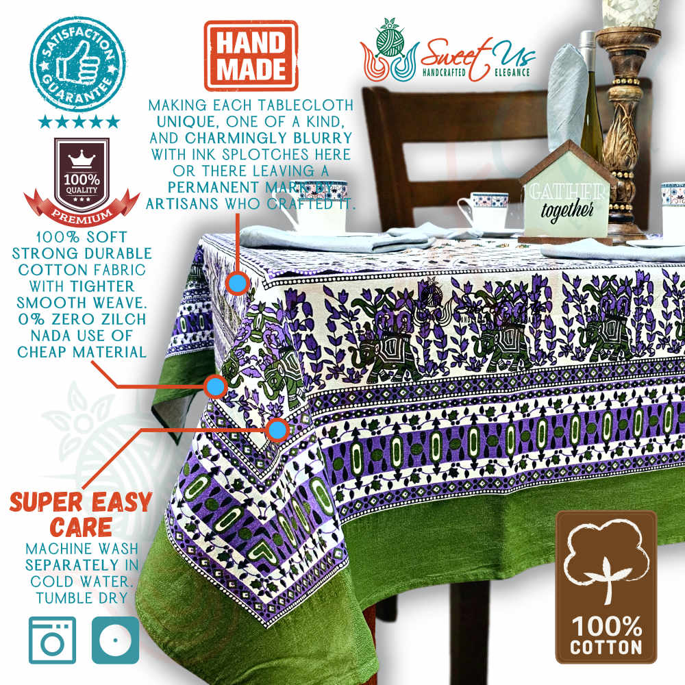 Cotton Floral Elephant Tablecloth for Square Tables 60x60 Olive Green