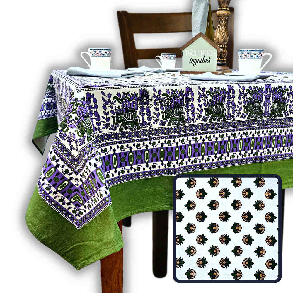Cotton Floral Elephant Tablecloth for Square Tables 60x60 Olive Green