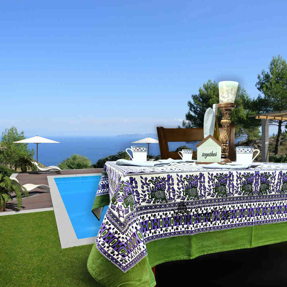 Cotton Floral Elephant Tablecloth for Square Tables 60x60 Olive Green