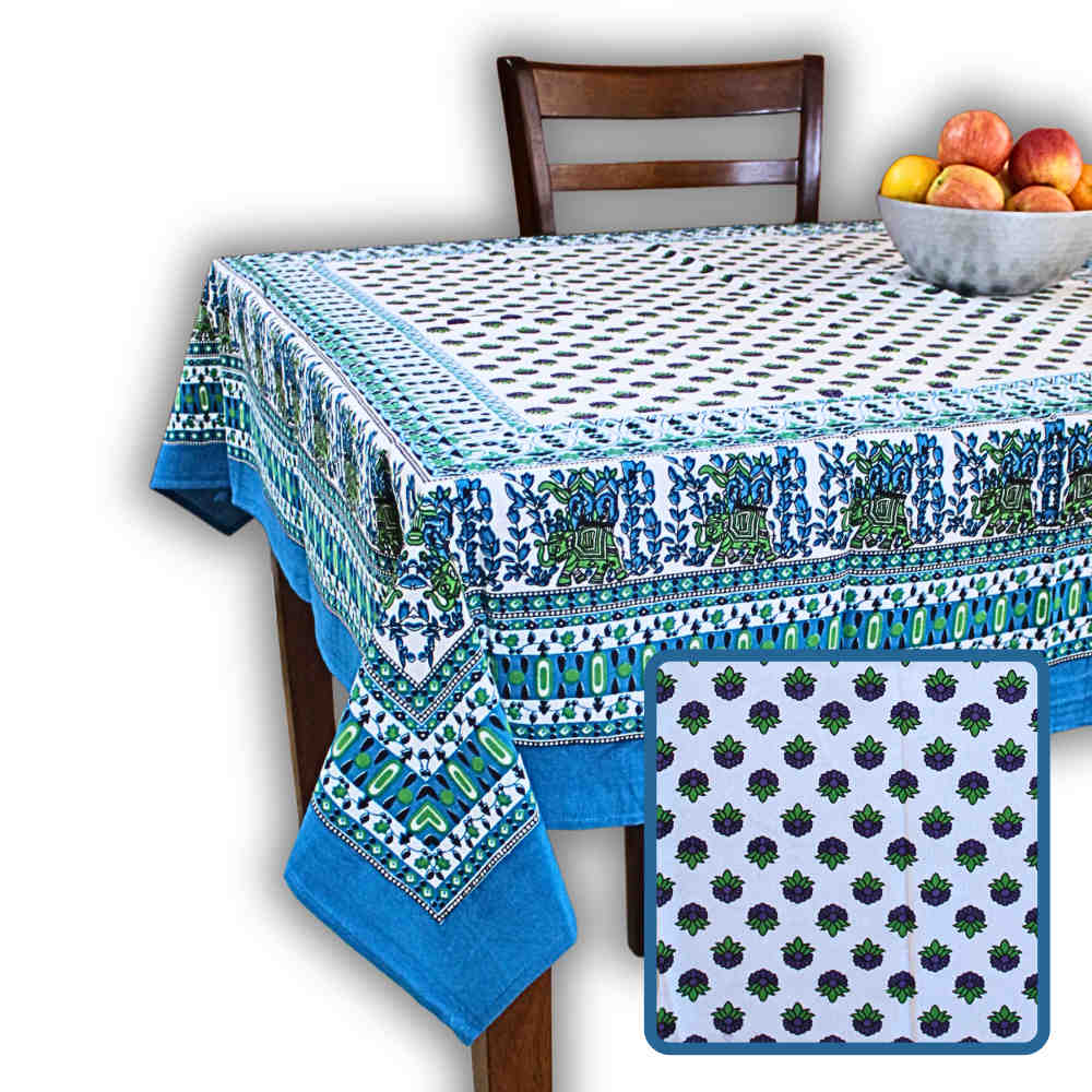 Elephant Bloom Cotton Tablecloth Square — Seafoam - Sweet Us