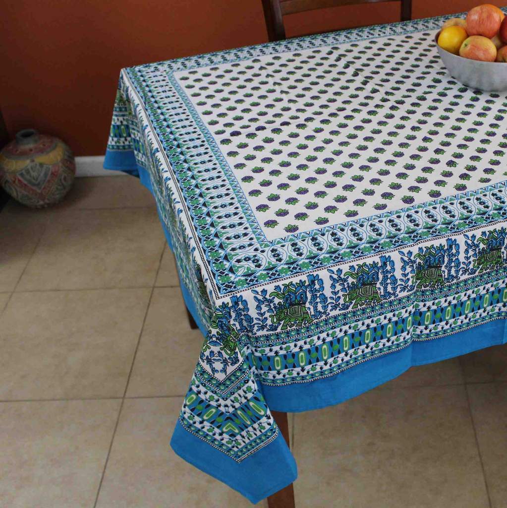 Cotton Floral Elephant Tablecloth for Square Tables 60x60 Olive Green, Blue - Sweet Us