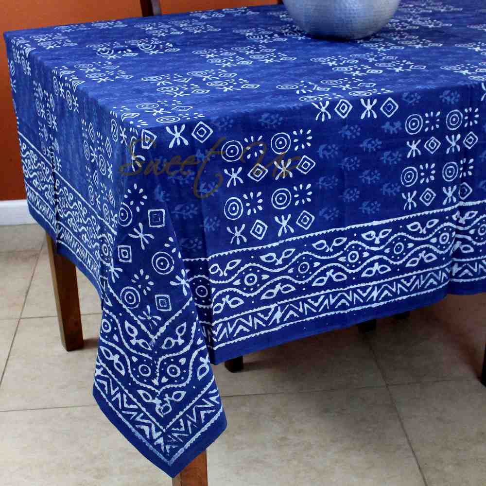 Tessera Block Print Cotton Tablecloth Square — Indigo Tide - Sweet Us