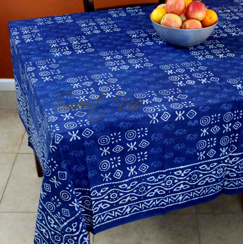 Tessera Block Print Cotton Tablecloth Square — Indigo Tide - Sweet Us